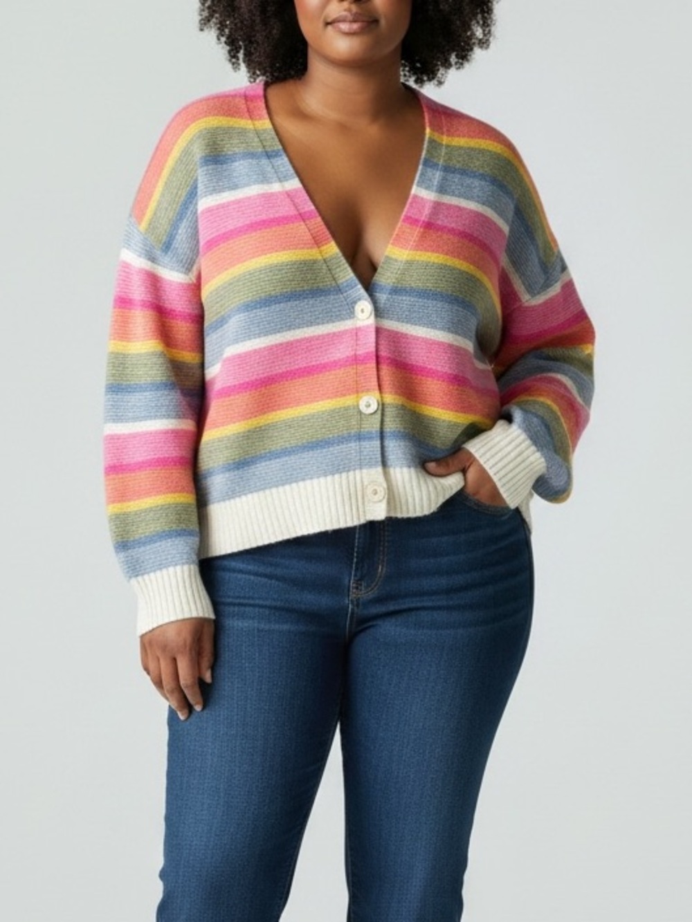 BoohooMan Women Knitted Rainbow Striped Oversized Cropped Cardigan M Boho/Indie